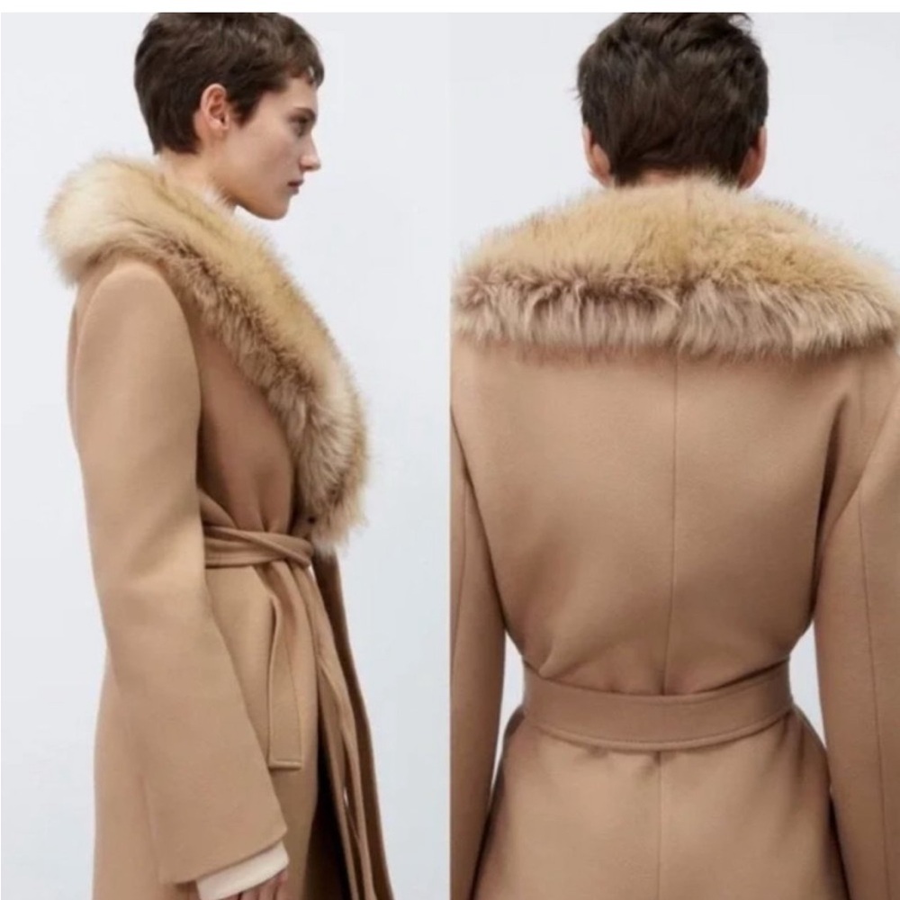 Zara Tan Long Coat with Fur Collar - Picture 2 of 4